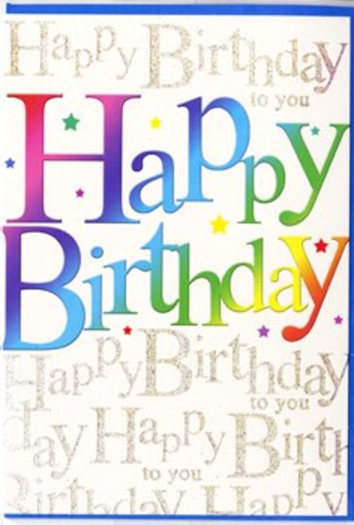 The scene captured here is of a striking birthday card, upright against a simple background, radiating the kind of lively charm that would stand out on any Cranham windowsill. The centrepiece is the bold text Happy Birthday, set in large, rounded letters that have a friendly, almost balloon-like quality. Each letter carries its own colour within a continuous gradient, so the phrase unfolds like a spectrum: deep reds and berries at one end fade into bright fuchsias and oranges, then into mellow golds and lemon yellows, slipping effortlessly into fresh spring greens, sea greens, and finally into mid and deep blues. The blending of these hues is seamless, with soft transitions that suggest airbrushed or carefully layered ink, creating an effect not unlike the subtle colour shifts in a professionally arranged bouquet from Cranham Flowers, where no single flower dominates, but all work together to create harmony. Sprinkled around the main wording are tiny decorative elements-little stars, spots, and flecks-in complementary rainbow colours. These details add a sense of playful movement, as though confetti had just been tossed into the air at the end of a Happy Birthday chorus. Behind this main design, the card's background is alive with a repeat of the phrase Happy Birthday to you, written over and over in a slim, cursive, metallic gold script. The writing flows in delicate lines across the card, sometimes overlapping, but always remaining light and airy, creating a textured yet unobtrusive backdrop. The gold ink appears slightly reflective, hinting at a foil or metallic finish that sparkles gently when tilted under light. The surface of the card looks smooth and refined, suggesting a substantial cardstock that holds its shape well. Overall, the card conveys a mood of joyful celebration balanced with elegance, making it a thoughtful choice for marking a birthday in Cranham with colour, shine, and a sense of genuine affection.