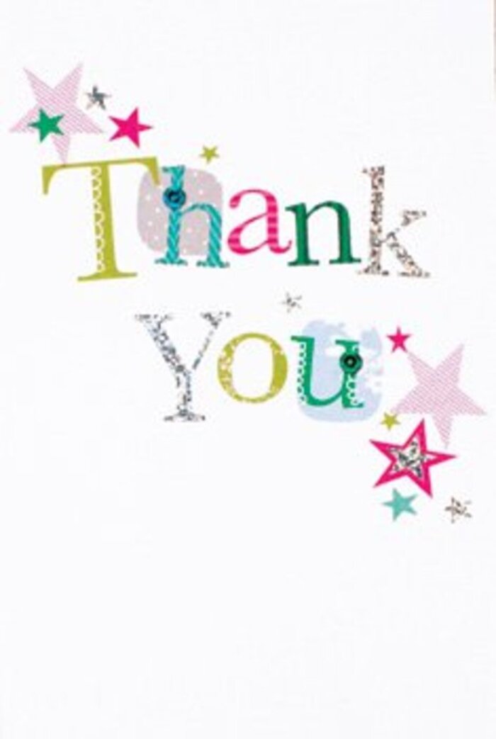 In this thank you card's arrangement of vibrant letters lies a sense of understated celebration, echoing the ease and warmth of Cranham's leafy corners. Each letter stands as an individual-some decked in lively polka dots, others curving with elegant, music-like lines, painted in fuchsia, cool blue, and shimmering silver. Tiny radiant stars-striped with pink, dappled in turquoise, or gleaming softly in silver-gather near the handwritten sentiment, as if drawing luck and happiness into the card, much like the spirited gatherings at Cranham Community Centre. The overall composition stays fresh and open, the crisp white background imparting an airy, modern feel, while a sprinkle of starlight seems to set the whole design in gentle motion. This is not a card for rigid formalities, nor careless charm; it strikes a perfectly balanced tone, making it universally heartfelt-just the way Cranham Flowers like to craft their bouquets. Envision sliding this card amid a hand-tied bloom arrangement destined for a milestone celebration or a heartfelt thank you delivered to the local shops along Front Lane. With every colour, pattern, and shimmer, appreciation beams through-sincere, uplifting, and as memorable as a Cranham neighbour's thoughtful gesture.