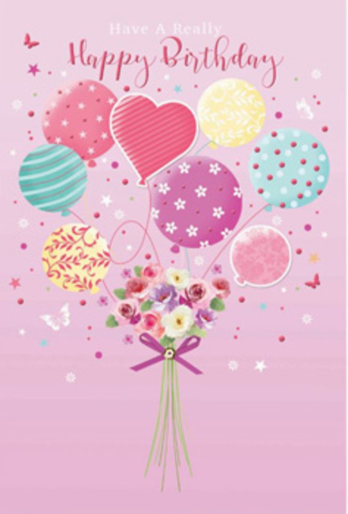 This birthday artwork presents a delicate scene where balloons and blossoms appear to float together in quiet celebration, much like a gentle party unfolding in a Cranham garden. The background is a smooth field of pale pink, calming and consistent, allowing the fine details of the design to stand out. At the bottom, a hand-tied bouquet forms the anchor of the composition. Here you see petite roses and small, daisy-like flowers, their petals softly layered and shaded from warm cream through blush to a more saturated rose and mauve. They are gathered into a compact cluster, suggesting the careful hands of an experienced florist who has just finished arranging them. A violet satin ribbon wraps the stems, ending in a precise bow whose loops and tails subtly catch the light. From this bouquet, numerous slim strings rise upward, pulling the eye toward a weightless collection of balloons. These balloons are rendered in pastel tones-dusty pink, peach, seafoam, teal, buttery yellow, and pale lilac-each balloon slightly different in size and tilt, creating a sense of depth and gentle motion. Some balloons are adorned with swirling lines, others with spots or stars, while a few remain simply coloured, their glossy surfaces reflecting imaginary light. A heart-shaped balloon near the centre adds a tender focal point, perfect for a birthday greeting filled with warmth. Around the entire arrangement, tiny butterflies and scattered star shapes drift and glow, as if birthday wishes are floating up into the sky above Cranham's quiet streets. The overall effect is soft, joyful, and refined, like receiving a beautifully wrapped card alongside a hand-delivered bouquet.