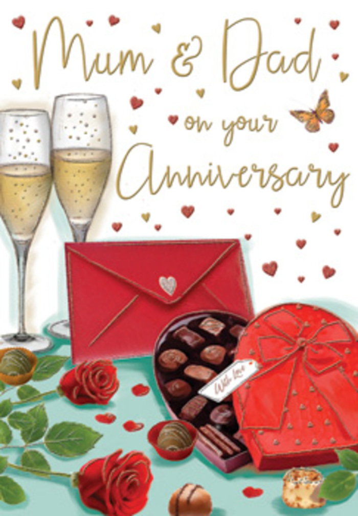 The anniversary card artwork presents a richly detailed vignette that feels at once luxurious and homely, as if set up on a polished table in a Cranham dining room just before the family gathers. At the centre are two sumptuous red roses, their petals layered in generous folds that open outwards like soft velvet, catching the warm light along their edges. Surrounding leaves in a deep, glossy green anchor the blooms, offering a fresh, garden-like contrast that recalls morning deliveries to local Cranham florists. Nearby, a heart-shaped box of chocolates in a bold, matching red makes a romantic statement. The box is crowned with a large satin bow, each loop drawn with subtle shadow and sheen, giving the impression of smooth fabric under the fingertips. The lid is tilted open to reveal a tidy selection of chocolates within, carefully shaded in browns and golds to suggest different flavours and textures, as if inviting Mum and Dad to choose a favourite together. Just beyond, two elegant champagne flutes rise up, their slender stems and curved bowls catching flickers of light. Inside, a golden champagne hue glows softly, threaded with fine bubbles that seem almost alive, hinting at the moment they will clink in a celebratory toast. Delicate golden swirls and scattered red hearts drift across the warm background, framing thoughtful anniversary wording for parents and adding a sense of gentle movement and joy. In front rests a bright scarlet envelope, precisely placed, its flap neatly closed, hinting at a note full of memories from years spent in Cranham's familiar streets and green spaces. The whole composition, bathed in a soft, flattering light, radiates affection and appreciation, celebrating not just romance but the enduring love that anchors a family.