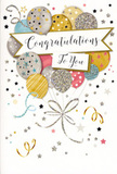 The photograph captures a joyous congratulations card that feels perfectly at home alongside fresh flowers and celebratory treats in a Cranham home. At the heart of the design is a bouquet of illustrated balloons, rising from the lower portion of the card and drifting softly toward the top. The balloons are plump and rounded, coloured in a gentle mix of metallic-like gold, silver, champagne, sky blue, soft pink, and misty grey. Each one carries its own pattern-some decorated with tiny, glimmering stars, others wrapped in slender, sparkling stripes, and several kissed with a dusting of glitter that suggests a lightly textured surface. Fine ribbons extend from the base of the balloon cluster, rendered in shimmering lines of gold and silver that curl and loop downward, intertwining like the strings of real balloons tied to a chair at a Cranham celebration. The background is a light, creamy tone scattered with miniature stars, confetti dots, and graceful swirls that dance around the balloons, giving the impression of motion and lively festivity. Across the centre, a soft, ribbon-like banner stretches horizontally, carrying the words Congratulations To You in elegant, cursive lettering that feels warm, sincere, and personal. The card appears to combine smooth, glossy areas with raised, glittery details, creating a pleasing contrast when viewed up close or held in the hand. Overall, the card expresses a sense of buoyant happiness and genuine pride, ideal for marking moments such as exam results, a new job, or a promotion celebrated within Cranham. It mirrors the feeling of offering someone a thoughtfully chosen bouquet: a visual and emotional gesture that transforms good news into a truly memorable occasion.