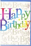 This image features a beautifully vibrant birthday card standing upright, its design brimming with happiness and colour, much like a festive afternoon gathering in Cranham. At the centre of the card, the words Happy Birthday are written in generous, rounded letters that feel friendly and approachable, spanning across the width in a confident sweep. Each letter is filled with a smooth ribbon of colour that moves through the full rainbow: from deep cherry red and bright magenta, through rich orange and warm sunshine yellow, into crisp lime and lush green, and finishing in cooling turquoise and clear, medium blue tones. The gradients within the letters are soft and expertly blended, lending the text a dynamic, almost glowing quality, as if light is shining from within the colours. Surrounding the central phrase, delicate stars, dots, and tiny confetti shapes in coordinating hues appear to float, adding a sense of playful sparkle and celebration, much like the joyful scattering of decorations across a party table in a Cranham home. In the background, and slightly behind the bold lettering, an elegant golden script repeats Happy Birthday to you in flowing cursive lines. This script is fine and intricate, layered in gentle waves that create visual depth without ever competing with the main message. The metallic gold catches the light softly, giving the overall design a subtle, sophisticated shimmer. The card's surface looks smooth and lightly glossy, hinting at a quality paper stock that would feel pleasingly substantial to hold, with perhaps a slight tactile difference where the gold ink sits. Together, the rainbow typography, sparkling confetti details, and luminous gold background create a card that feels festive, modern, and affectionate-an ideal way to send warm birthday wishes to someone in Cranham, pairing beautifully with a bright, hand-tied bouquet delivered to their door.