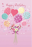 This illustrated birthday card captures the feeling of a light-hearted celebration gliding over Cranham's rooftops, carried by a bouquet of pastel balloons and flowers. The backdrop is a soft, blush-pink wash, calm and even, allowing the gently coloured details to shine. Rising from the lower centre is a small hand-tied bouquet of fresh blooms-dainty roses and anemone-like flowers, their petals velvety and layered. The colours of the petals fade beautifully from creamy ivory into blush pink and finally into gentle mauve, echoing the subtle transitions of a sunset over local Cranham skies. Around the stems, a violet satin ribbon has been tied into a neat bow, its sheen catching soft highlights and suggesting a careful, thoughtful touch. From this base, fine balloon strings trail upward to meet a cluster of pastel balloons floating above. The balloons overlap in a loose bouquet, tinted in powder pink, mint green, lemon yellow, teal, and lavender. Each balloon carries a different playful motif: some adorned with swirling stripes reminiscent of candy, others with lively polka dots or tiny stars scattered here and there. A heart-shaped balloon in a deeper pink hue occupies a central place, adding a clear note of affection to the scene. Between the flowers and balloons, small butterflies and star shapes hover, giving the impression of birthday wishes and happy thoughts drifting in the air. The light is soft and diffused, with no sharp shadows, lending the design a dreamy, uplifting character. It feels like the visual equivalent of receiving a birthday bouquet from Cranham Flowers, full of joy, care, and gentle colour.