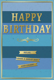 This birthday card blends soothing blue tones with warm gold accents to create a feeling of gentle celebration, as if it were waiting on a Cranham kitchen table beside a freshly arranged bouquet. The background is built from generous horizontal stripes of blue, shifting gradually from a solid navy at the bottom through rich teal and clear ocean-blue hues to a soft, uplifting sky blue near the top edge. The layered colours remind you of the changing light over Cranham's open spaces as the day quietly unfolds. Centered on this serene backdrop is the main greeting, HAPPY BIRTHDAY, rendered in large, embossed gold capitals. The gold surface is smooth and lightly reflective, sending out small, soft glints whenever light touches it, and the raised edges of each letter create a subtle shadow that enhances the sense of depth. Directly beneath the main text sits a graceful golden flourish, its curves looping outward like an elegant signature that adds a touch of vintage refinement. Below this decorative element, three slim gold banners stretch horizontally, stacked in a tidy formation. Each banner holds part of a kind, simple message: Relax, have a great day and enjoy! The words feel calm and unhurried, suggesting a birthday spent at an easy pace. A fine gold border hugs the outer edge of the card, bringing structure and a polished finish to the overall design. Together, the layered blues, the composed gold typography, and the gentle wording create a card that feels thoughtful, serene, and perfectly suited to sharing birthday wishes throughout Cranham.