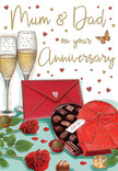 This anniversary card illustration feels like a quiet tribute waiting on a coffee table in Cranham, ready to surprise Mum and Dad at the end of the day. The eye is first drawn to a pair of full-bloom red roses, their petals richly shaded to convey a velvety, almost tangible softness. The blooms sit against a nest of bright green leaves, the contrast making the reds seem even deeper and more passionate, much like a carefully composed arrangement from a local Cranham florist. Beside them, an open heart-shaped box of chocolates in a coordinating crimson hue adds a touch of indulgence. The box's satin bow spills across the lid in generous loops, while inside, assorted chocolates rest in neat rows, their rounded and squared shapes catching the light as though their glossy surfaces are just beginning to soften in a cosy, heated room. Behind this, two tall champagne flutes stand very close together, their clear glass bowls filled with pale golden fizz. Fine bubbles have been illustrated rising towards the surface, creating a sense of movement and anticipation, as if the glasses are moments away from being lifted in a toast to years of shared life. Scattered golden accents and small red hearts float across a warm background, giving the scene a festive, romantic aura while gently framing the hand-written message marking parents' anniversary. In the foreground, a bright red envelope lies ready to be opened, its pointed flap inviting fingers to lift it and reveal the words inside, perhaps recalling family gatherings, school runs, and strolls through Cranham's leafy streets. With its rich colours, soft lighting, and careful details, the card captures the essence of a heartfelt celebration at home-quiet, meaningful, and filled with lasting love.